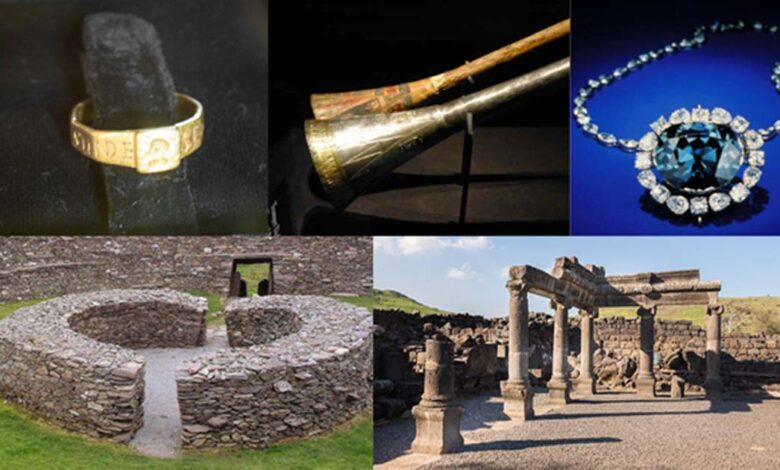 Some unlucky artifacts and cursed sites: The Ring of Silvianus (CC BY 2.0), Tutankhamun’s silver trumpet with wooden insert (Meridianos), the Hope Diamond (CC BY-SA 4.0), Stone ringfort, “Ring of Kerry” in Ireland (Francis Bijl/ CC BY 2.0 ), and ruins of an ancient synagogue at Chorazin. (Lev.Tsimbler/CC BY SA 4.0)