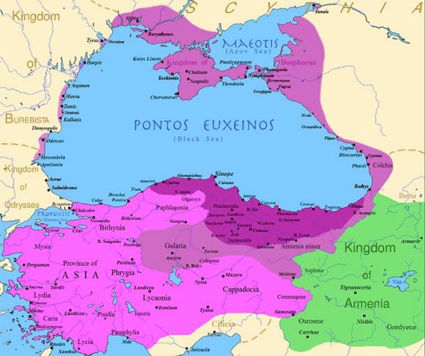 Le royaume du Pont à son apogée : avant le règne de Mithridates VI (violet foncé), après ses premières conquêtes (violet), et ses conquêtes dans les premières guerres mithriaques (rose) (Domaine public)
