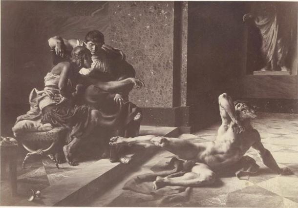 Locusta testant en présence de Néron le poison préparé pour Britannicus, tableau de Joseph-Noël Sylvestre, 1876 (Domaine public)