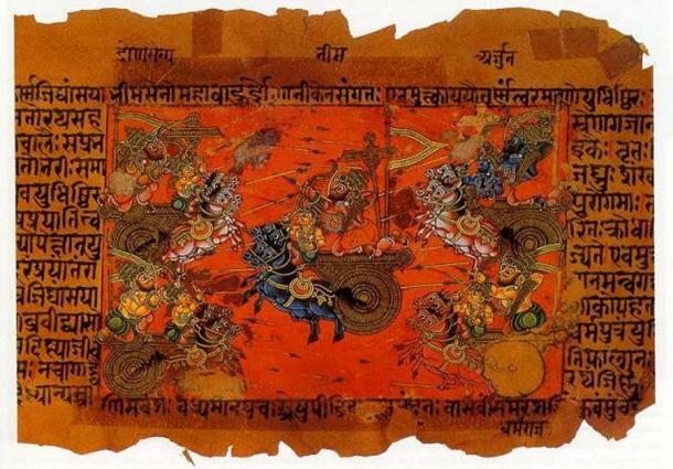 Illustration manuscrite (XVIIIe s. ?) de la bataille de Kurukshetra, combattue entre les Kauravas et les Pandavas, enregistrée dans l'épopée du Mahabharata. (Domaine public)