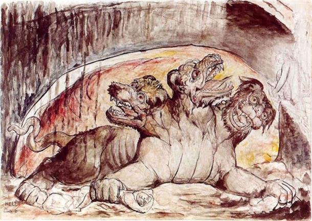 Cerbère, avec les gloutons dans le troisième cercle de l'enfer de Dante. William Blake. (Domaine public)