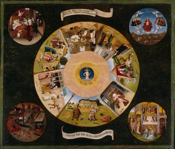Représentation des sept péchés mortels et des quatre dernières choses de l'homme (la mort, le jugement, le ciel et l'enfer). Hieronymus Bosch ou adepte. (Domaine public)