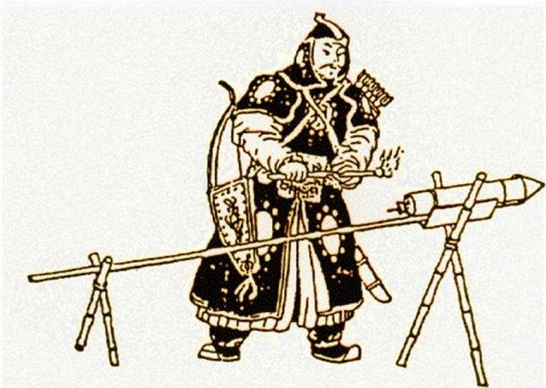 Dessin d'un des premiers soldats mongols allumant une fusée. (Domaine public)