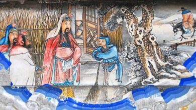 "Three visits to the thatched cottage" (三顧茅廬), the second visit is depicted here. Portrait at the Long Corridor of the Summer Palace, Beijing. This is a scene from the Romance of the Three Kingdoms.