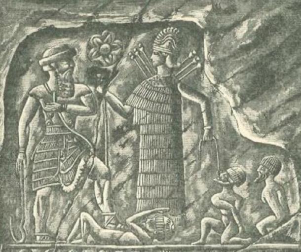 Ishtar/Inanna en guerrier présentant des captifs au roi. (Domaine public)