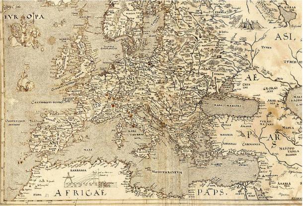 Une carte de l'Europe de 1570 montrant Hy-Brasil à un autre endroit (regardez à côté du pied de l'animal 