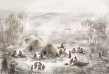 A scientific illustration of what the Upward Sun River camp, where the remains of the ancient child were discovered, would have looked like. Source: Eric Carlson in collaboration with Ben Potter.