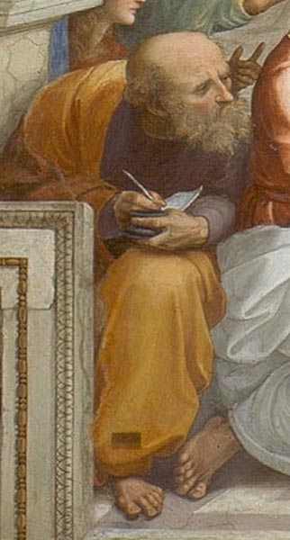 Détail du tableau de Raphaël L'École d'Athènes, 1510-1511. Il pourrait s'agir d'une représentation d'Anaximandre penchant vers Pythagore sur sa gauche. 