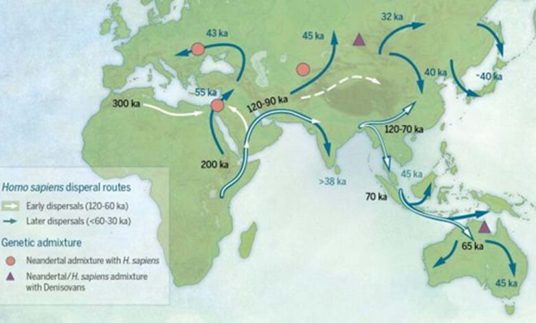 Map of sites and postulated migratory pathways associated with modern humans dispersing across Asia during the Late Pleistocene.
