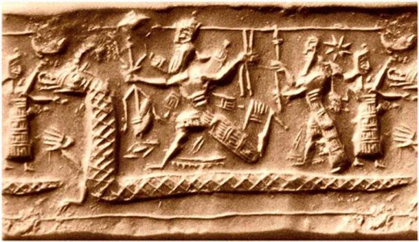 L'étoile est visible au-dessus des têtes des divinités représentées ici sur un cylindre babylonien (bien que néo-assyrien).