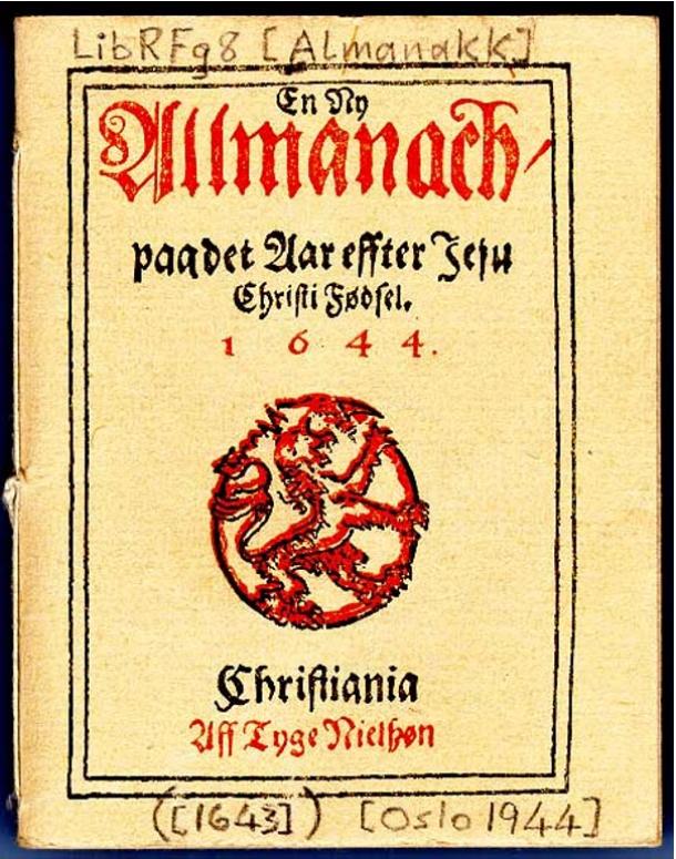 Image du premier livre jamais publié en Norvège, l'almanach 