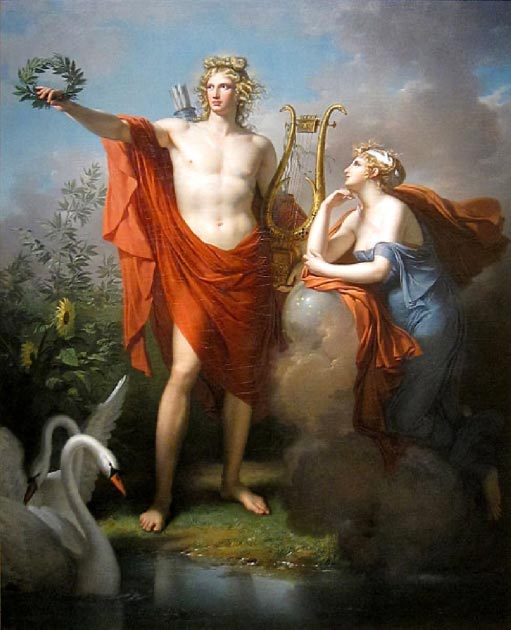 Apollon, Dieu de la lumière, de l'éloquence, de la poésie et des beaux-arts avec Urania (Charles Meynier - Domaine public)