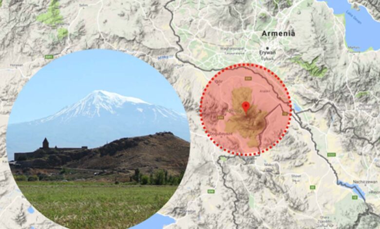 Mount Ararat is located near the border between Armenia and Turkey. Insert: Image of Mount Ararat.