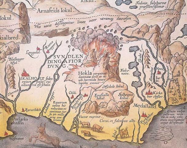 Éruption de Helka, d'après un détail d'une carte d'Islande du cartographe Abraham Ortelius du XVIe siècle. (Domaine public)