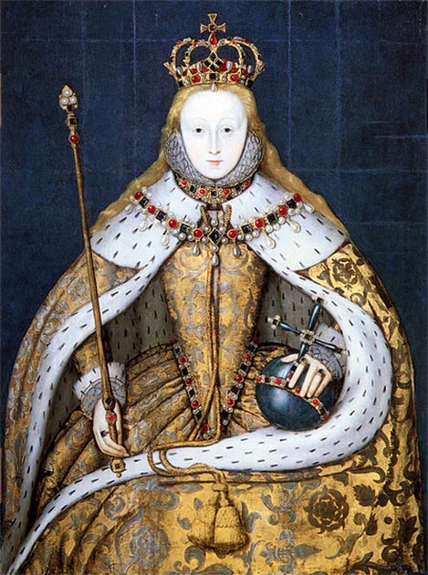 La reine Elizabeth I d'Angleterre dans sa robe de couronnement. (Domaine public) 