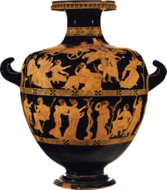 Le jardin des Hespérides avec le pommier serpentaire représenté sur le panneau inférieur d'un pot à eau datant d'environ 410 avant J.-C. (domaine public)