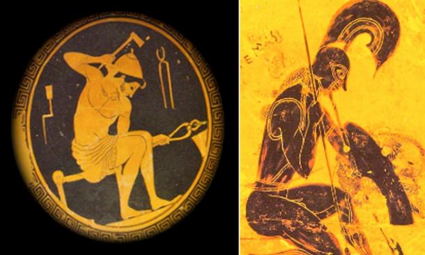 A gauche, Cain/Hephaistos, sur une plaque datant d'environ 420 avant J.-C., travaille dans sa forge. A droite, Seth/Ares s'agenouille sur une section du célèbre vase de François créé vers 565 avant J.-C. (Domaine public)