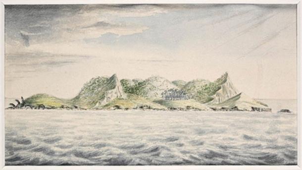 Une vue de l'île de Pitcairn, Mers du Sud, 1814, J. Shillibeer, Bibliothèque d'État de Nouvelle-Galles du Sud. (Domaine public)