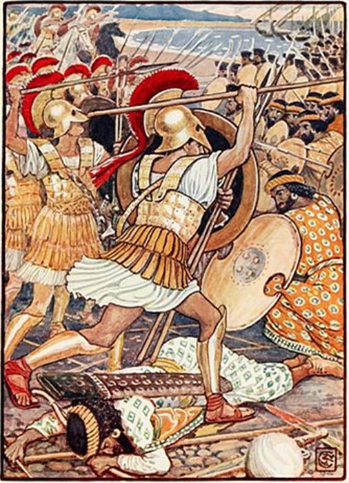 Les guerriers athéniens s'écrasent contre l'armée perse.