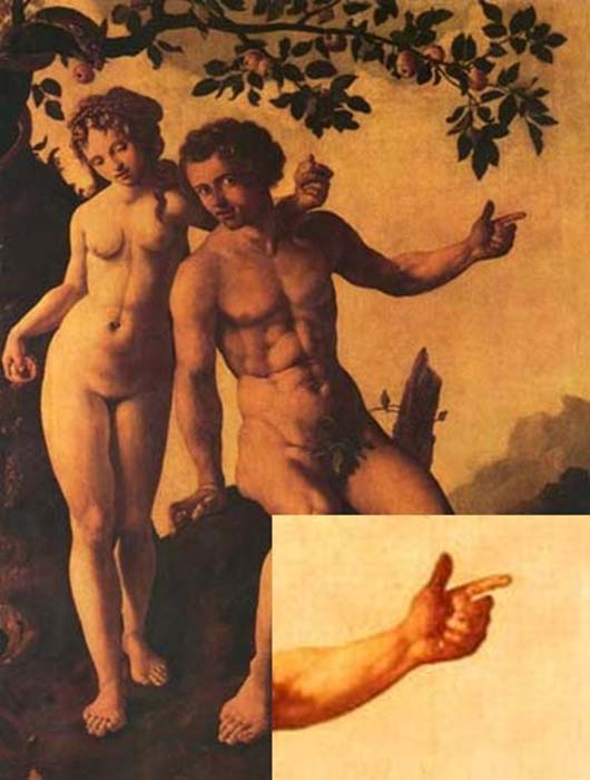 Adam à six doigts, Jan Van Scorel, 1540. Détail de la main gauche d'Adam 