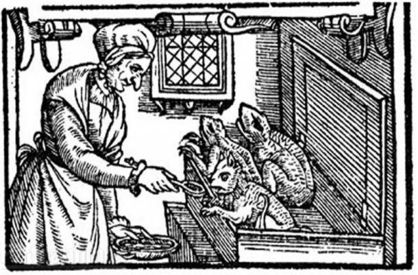 Illustration de la fin du XVIe siècle d'une sorcière qui nourrit ses proches en Angleterre. Un certain nombre d'historiens pensent que l'esprit familier est une idée pré-chrétienne.