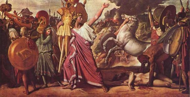 Romulus, vainqueur à Acron, transporte le riche butin au temple de Jupiter. (Domaine public)