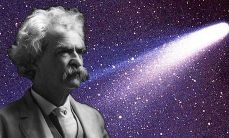 A 1909 photo of Mark Twain. (Public Domain) Background: Halley’s Comet as taken March 8, 1986 by W. Liller, Easter Island, part of the International Halley Watch (IHW) Large Scale Phenomena Network. (Public Domain) It’s an interesting historical coincidence that Mark Twain was born and died alongside appearances of Halley’s Comet.