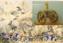 Main: A scene of the Qing dynasty campaign against the Miao (Hunan) 1795 (public domain). Inset: Model of a Chinese South Pointing Chariot, an early navigational device using a differential gear.
