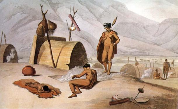 Khoisan s'est engagé à faire rôtir des sauterelles sur des grilles. 1805. Aquatinte par Samuel Daniell.