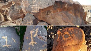 Top: A petroglyph portrays multiple symbols on Har Karkom ridge, Israel. (CC BY-SA 4.0). Bottom left: Instances of names of god found in rock art of the Negev as sited by Yehuda Rotblum.