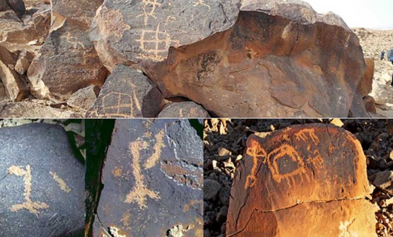 Top: A petroglyph portrays multiple symbols on Har Karkom ridge, Israel. (CC BY-SA 4.0). Bottom left: Instances of names of god found in rock art of the Negev as sited by Yehuda Rotblum.