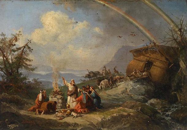 Noé et ses compagnons rendent grâce après le déluge. Par Domenico Morelli. 
