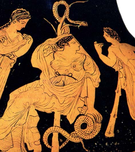 Vase datant d'environ 400 avant J.-C. montrant Nimrod/Herakles parlant à une des Hespérides alors qu'elle est assise devant l'arbre aux serpents. (auteur fourni)