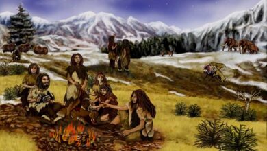 Representation of a group of Neanderthals.