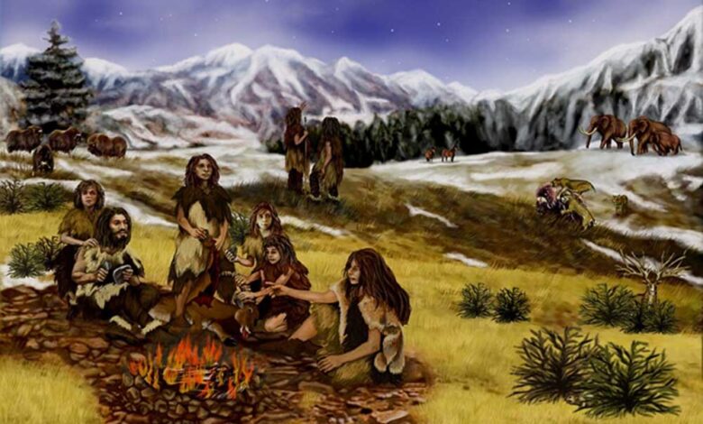 Representation of a group of Neanderthals.
