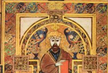 Book of Kells, Folio 32v, Christ Enthroned. Scanned from Treasures of Irish Art, 1500 BC to 1500 AD, From the Collections of the National Museum of Ireland.