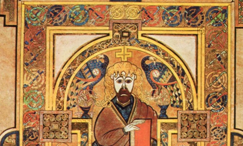 Book of Kells, Folio 32v, Christ Enthroned. Scanned from Treasures of Irish Art, 1500 BC to 1500 AD, From the Collections of the National Museum of Ireland.