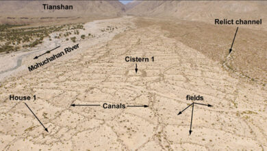 Aerial view of an ancient irrigation system discovered in the foothills of Xinjiang, China.