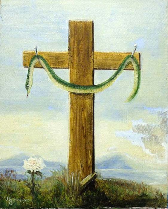 Le serpent sur la croix - Le serpent crucifié, d'après une illustration du carnet de Nicolas Flamel