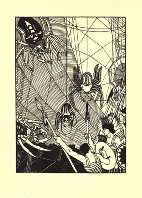 Une scène de bataille, illustration de Beardsley dans l'édition de 1894 de l'ouvrage de Lucian Une histoire vraie. 
