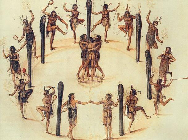 Danse des indiens Secotan en Caroline du Nord. Aquarelle peinte par l'explorateur et artiste John White en 1585.