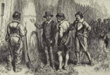 Illustration depicting Captain John White returning to Roanoke Island and discovering the word 'CROATOAN' carved into a tree at the fort palisade.