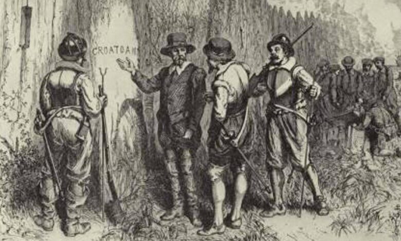 Illustration depicting Captain John White returning to Roanoke Island and discovering the word 'CROATOAN' carved into a tree at the fort palisade.