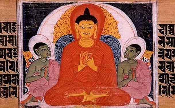 Le Bouddha enseignant les Quatre Nobles Vérités. Manuscrit en sanskrit. Nālandā, Bihar, Inde. 