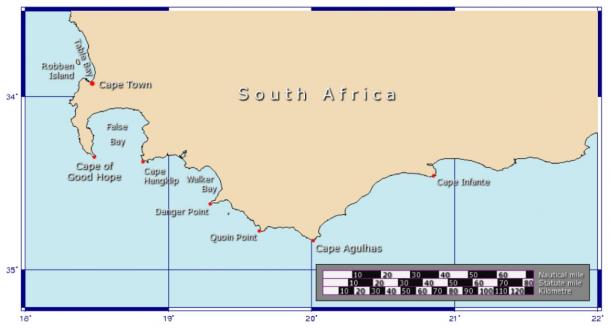 Carte du Cap de Bonne Espérance et du Cap des Aiguilles, le point le plus méridional de l'Afrique. (Johantheghost / CC BY-SA 3.0)
