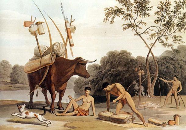 Les Korah-Khoikhoi démontent leurs huttes, se préparant à partir vers de nouveaux pâturages. Aquatint par Samuel Daniell. 1805.