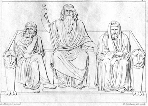 Les juges des morts, Minos, Aiakos (avec le sceptre), Rhadamanthys siègent sur le banc du trône et interrogent les ombres sur leur vie et leurs actes. (Gerd Leibrock / Domaine public)