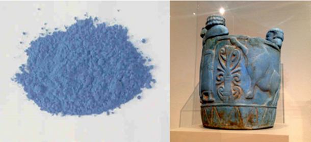 A gauche : le bleu d'Egypte, également connu sous le nom de silicate de calcium et de cuivre, ou CaCuSi4O10, ou cuprorivaite, est considéré comme le premier pigment synthétique jamais développé. (Domaine public) A droite : Pyxis en 