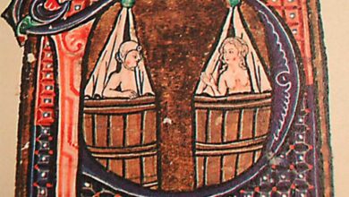 Medieval style bathing depicted in calligraphy of a book circa 1400.
