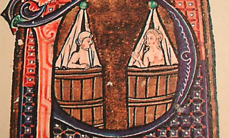 Medieval style bathing depicted in calligraphy of a book circa 1400.